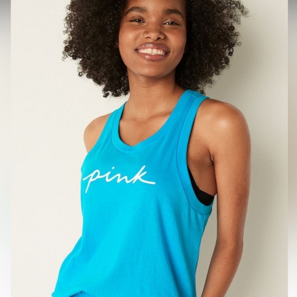 PINK VS Knit Racerback Perfect Tank Scuba Blue & White Logo Script NWT - Picture 2 of 6